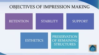 OBJECTIVES OF IMPRESSION MAKING
5
RETENTION STABILITY SUPPORT
ESTHETICS
PRESERVATION
OF REMAINING
STRUCTURES
 