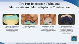 Two Part Impression Technique:
Muco-static And Muco-displacive Combination
78
Close fitting cold-cured or
light cured acrylic base is
constructed so that the
flabby ridge area is left
uncovered
Appropriate border
correction is then carried out
Impression of the firm,
supported mucosa is
recorded in zinc oxide-
eugenol or medium-bodied
silicone
An impression of the
displaceable mucosa is then
recorded by applying or
syringing a thin mix of
impression plaster or light-
bodied silicone
Osborne J. Two impression methods for mobile fibrous ridges. Br Dent J 1964; 117: 392-394
 