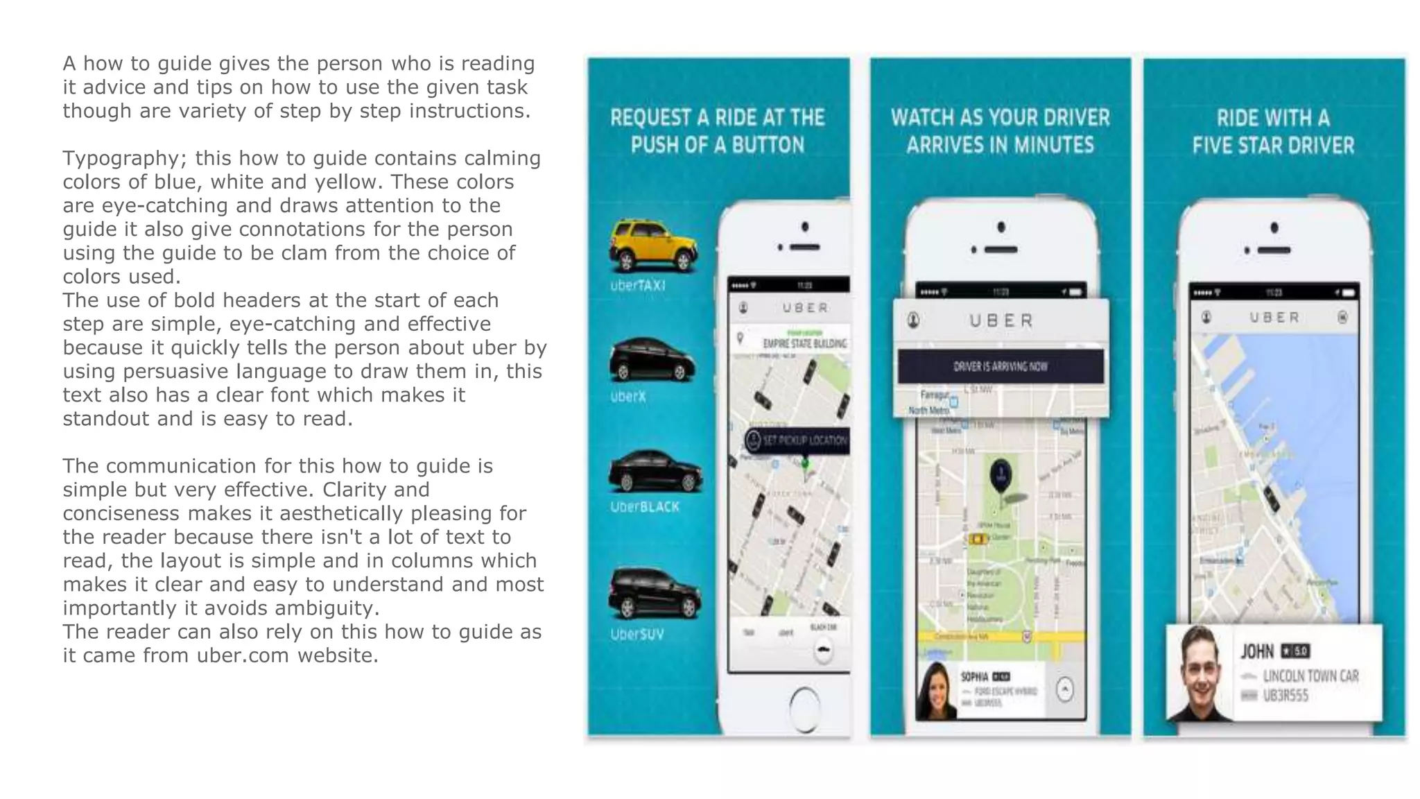 A how to guide gives the person who is reading
it advice and tips on how to use the given task
though are variety of step by step instructions.
Typography; this how to guide contains calming
colors of blue, white and yellow. These colors
are eye-catching and draws attention to the
guide it also give connotations for the person
using the guide to be clam from the choice of
colors used.
The use of bold headers at the start of each
step are simple, eye-catching and effective
because it quickly tells the person about uber by
using persuasive language to draw them in, this
text also has a clear font which makes it
standout and is easy to read.
The communication for this how to guide is
simple but very effective. Clarity and
conciseness makes it aesthetically pleasing for
the reader because there isn't a lot of text to
read, the layout is simple and in columns which
makes it clear and easy to understand and most
importantly it avoids ambiguity.
The reader can also rely on this how to guide as
it came from uber.com website.
 