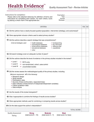 Quality Assessment Tool – Review Articles
Instructions for completion: First Author:
Please refer to the attached dictionary for definition of terms and
instructions for completing each section. For each criteria, score
by placing a check mark in the appropriate box.
Year:
Journal:
Reviewer:
CRITERIA YES NO
Q1. Did the authors have a clearly focused question [population, intervention (strategy), and outcome(s)]?
Q2. Were appropriate inclusion criteria used to select primary studies?
Q3. Did the authors describe a search strategy that was comprehensive?
Circle all strategies used:  health databases  handsearching
 psychological databases  key informants
 social science databases  reference lists
 educational databases  unpublished
 other
Q4. Did search strategy cover an adequate number of years?
Q5. Did the authors describe the level of evidence in the primary studies included in the review?
 Level I  RCTs only
 Level II  non-randomized, cohort, case-control
 Level III  uncontrolled studies
Q6. Did the review assess the methodological quality of the primary studies, including:
(Minimum requirement: 4/7 of the following)
 Research design
 Study sample
 Participation rates
 Sources of bias (confounders, respondent bias)
 Data collection (measurement of independent/dependent variables)
 Follow-up/attrition rates
 Data analysis
Q7. Are the results of the review transparent?
Q8. Was it appropriate to combine the findings of results across studies?
Q9. Were appropriate methods used for combining or comparing results across studies?
Q10. Do the data support the author’s interpretation?
TOTAL SCORE:
Quality Assessment
Rating:
Strong
(total score 8 – 10)
Moderate
(total score 5 – 7)
Weak
(total score 4 or less)
R. Larouche
2018
BMC Public Health
National Transportation
Library
Update on previous review
Table 1
Modified EPHPP Tool
Only for sub-sample of 5 studies
Within intervention type
 