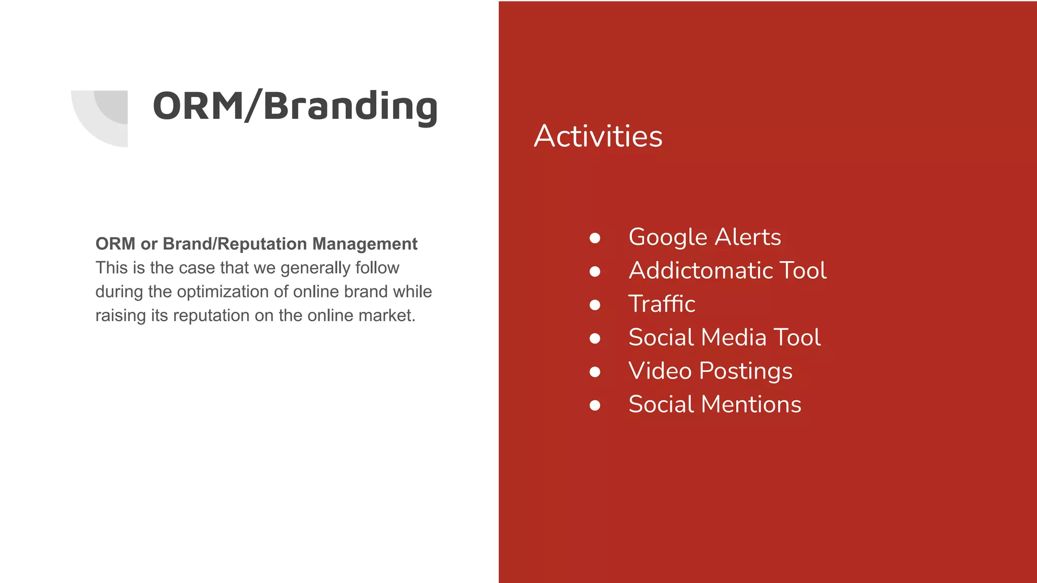 ORM/Branding
Activities
● Google Alerts
● Addictomatic Tool
● Trafﬁc
● Social Media Tool
● Video Postings
● Social Mentions
ORM or Brand/Reputation Management
This is the case that we generally follow
during the optimization of online brand while
raising its reputation on the online market.
 