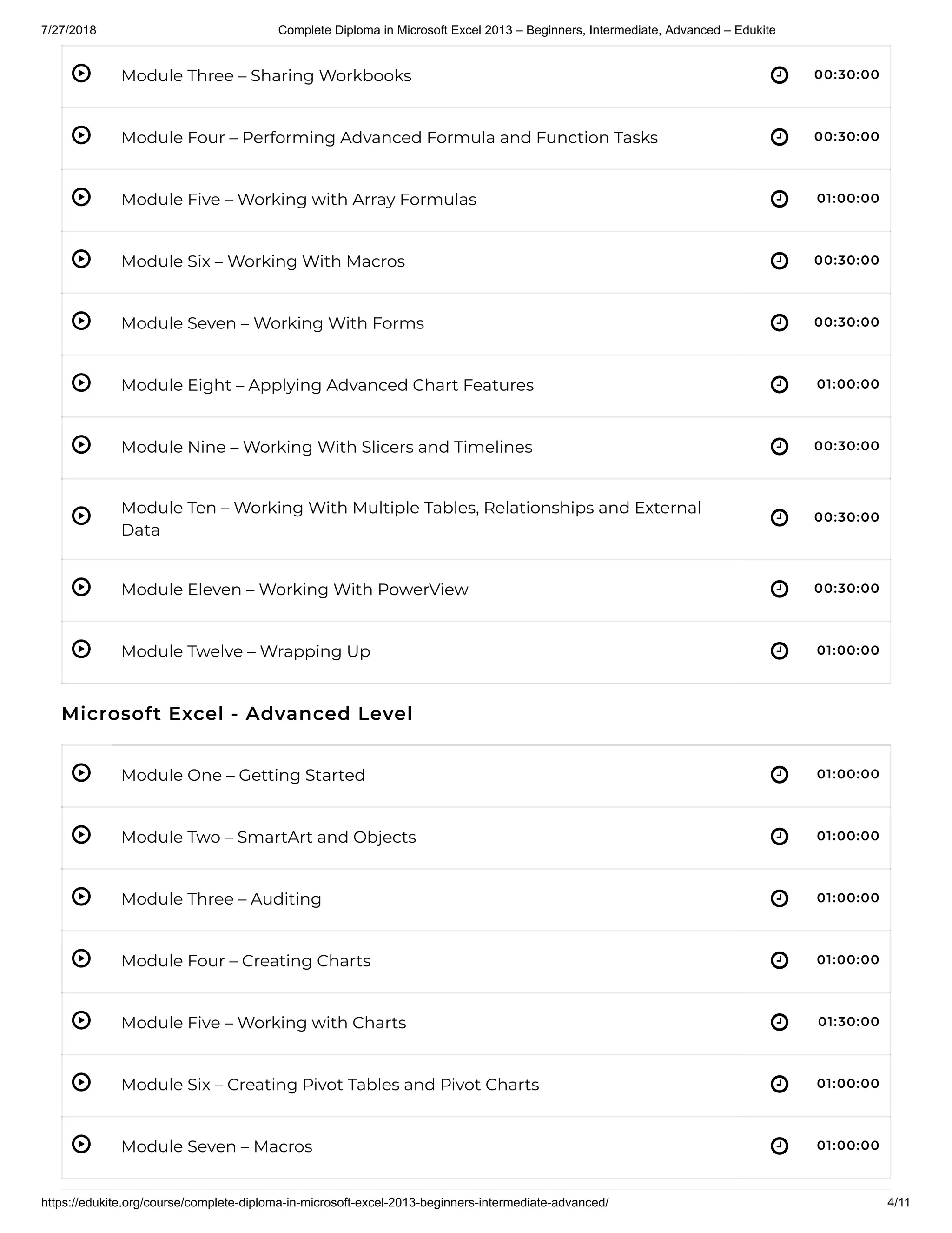 7/27/2018 Complete Diploma in Microsoft Excel 2013 – Beginners, Intermediate, Advanced – Edukite
https://edukite.org/course/complete-diploma-in-microsoft-excel-2013-beginners-intermediate-advanced/ 4/11
 
 
 
 
 
 
 
 
 
 
 
 
 
 
 
 
 
Module Three – Sharing Workbooks 00:30:00
Module Four – Performing Advanced Formula and Function Tasks 00:30:00
Module Five – Working with Array Formulas 01:00:00
Module Six – Working With Macros 00:30:00
Module Seven – Working With Forms 00:30:00
Module Eight – Applying Advanced Chart Features 01:00:00
Module Nine – Working With Slicers and Timelines 00:30:00
Module Ten – Working With Multiple Tables, Relationships and External
Data
00:30:00
Module Eleven – Working With PowerView 00:30:00
Module Twelve – Wrapping Up 01:00:00
Microsoft Excel - Advanced Level
Module One – Getting Started 01:00:00
Module Two – SmartArt and Objects 01:00:00
Module Three – Auditing 01:00:00
Module Four – Creating Charts 01:00:00
Module Five – Working with Charts 01:30:00
Module Six – Creating Pivot Tables and Pivot Charts 01:00:00
Module Seven – Macros 01:00:00
 