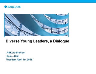 4/11/2016 Barclays Panel Discussion on April 19 Diverse Young Leaders A Dialogue .htm
file:///C:/Documents%20and%20Settings/chensha3/Desktop/Barclays%20Panel%20Discussion%20on%20April%2019%20%20Diverse%20Young%20Leaders… 1/2
Registration
Emerge and Embrace
April 19, 2016
Subject: Barclays Panel Discussion on April 19 – Diverse Young Leaders: A Dialogue
You’re Invited
Diverse Young Leaders: A Dialogue
Tuesday, April 19, 2016
745 7th Avenue, ASK Auditorium
5:45PM - 8:00PM
From North Korea to Harlem, from Peru to Queens, Barclays welcomes five diverse young
leaders to a special panel discussion jointly hosted by the Emerge - Early Careers
Professionals and the Embrace - Hispanic, Asian, and Black Professionals networks.
Engage real-time with the panelists via mobile app as they discuss chartering paths to achieve
social change, building cross-cultural and multi-generational relationships, and finding their
passion and voice.
The first 100 attendees will be entered in a giveaway for 25 copies of panelist Yeonmi Park's
book In Order to Live: A North Korean Girl’s Journey to Freedom as well as three tote bags
crafted by a Kenyan social enterprise.
Please register your attendance here.
Agenda
5:45PM - 6:00PM Registration
6:00PM - 6:05PM Introductory Remarks by Embrace
6:05PM - 7:00PM Panel Discussion Moderated by Michelle Henry, Community Investment
7:00PM - 7:05PM Closing Remarks by Emerge
7:05PM - 8:00PM Networking and Volunteer Opportunities Reception - meet your fellow
colleagues as well as Barclays Citizenship ambassadors to learn how you
can get involved
Panelists
North Korean
Human Rights
Human
Trafficking
Yeonmi Park was born in Hyesan, North Korea in
1993 and fled in 2009. Yeonmi’s activism has been
featured in the New York Times, the Washington
Post, and The Guardian, and her One Young World
speech has been viewed over 3 million times. She
published her memoir in 2015 and currently studies
at Columbia.
Food Waste
Hunger
Robert Lee grew up in Woodside, Queens and
graduated from NYU in 2013. His nonprofit
Rescuing Leftover Cuisine (RLC) rescues and
donates leftover food to homeless shelters. RLC
operates in 12 cities, with over 2,300 volunteers
and 400,000 pounds of food rescued. Prior to RLC,
Robert was at JP Morgan.
 