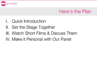 Here’s the Plan
I. Quick Introduction
II. Set the Stage Together
III. Watch Short Films & Discuss Them
IV. Make it Personal with Our Panel
 