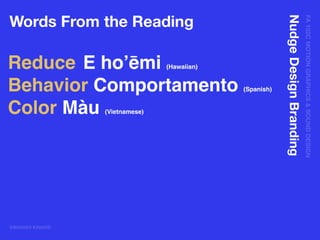 FA102CMOTIONGRAPHICS&SOUNDDESIGN
@BRANDI KINARD
NudgeDesignBranding
Words From the Reading
Reduce
Behavior
Color
E ho’ēmi (Hawaiian)
Comportamento (Spanish)
Màu (Vietnamese)
 