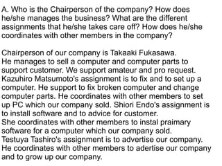 A. Who is the Chairperson of the company? How does
he/she manages the business? What are the different
assignments that he/she takes care off? How does he/she
coordinates with other members in the company?

Chairperson of our company is Takaaki Fukasawa.
He manages to sell a computer and computer parts to
support customer. We support amateur and pro request.
Kazuhiro Matsumoto's assignment is to fix and to set up a
computer. He support to fix broken computer and change
computer parts. He coordinates with other members to set
up PC which our company sold. Shiori Endo's assignment is
to install software and to advice for customer.
She coordinates with other members to instal praimary
software for a computer which our company sold.
Testuya Tashiro's assignment is to advertise our company.
He coordinates with other members to adertise our company
and to grow up our company.
 