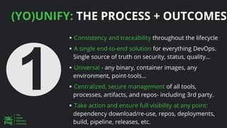 (YO)UNIFY: THE PROCESS + OUTCOMES
▪ Consistency and traceability throughout the lifecycle
▪ A single end-to-end solution for everything DevOps.
Single source of truth on security, status, quality...
▪ Universal - any binary, container images, any
environment, point-tools…
▪ Centralized, secure management of all tools,
processes, artifacts, and repos- including 3rd party.
▪ Take action and ensure full visibility at any point:
dependency download/re-use, repos, deployments,
build, pipeline, releases, etc.
 