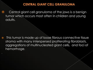 

Central giant cell granuloma of the jaws is a benign
tumor which occurs most often in children and young
adults.



This tumor is made up of loose fibrous connective tissue
stroma with many interspersed proliferating fibroblasts,
aggregations of multinucleated giant cells, and foci of
hemorrhage.

.

 