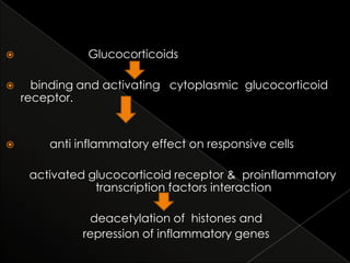 

Glucocorticoids



binding and activating cytoplasmic glucocorticoid
receptor.



anti inflammatory effect on responsive cells
activated glucocorticoid receptor & proinflammatory
transcription factors interaction
deacetylation of histones and
repression of inflammatory genes

 