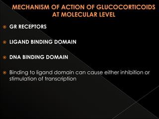 

GR RECEPTORS



LIGAND BINDING DOMAIN



DNA BINDING DOMAIN



Binding to ligand domain can cause either inhibition or
stimulation of transcription

 