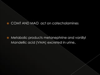 

COMT AND MAO act on catecholamines



Metabolic products metanephrine and vanillyl
Mandellic acid (VMA) excreted in urine.

 