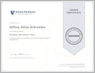 EDUCA
T
ION FOR EVE
R
YONE
CO
U
R
S
E
C E R T I F
I
C
A
TE
COURSE
CERTIFICATE
OCTOBER 29, 2015
Jeffrey Allan Schroeder
Building a Data Science Team
an online non-credit course authorized by Johns Hopkins University and offered
through Coursera
has successfully completed
Brian Caffo, PhD, MS, Jeffrey Leek, PhD, Roger D. Peng, PhD
Verify at coursera.org/verify/YJ6CUWR4SSFU
Coursera has confirmed the identity of this individual and
their participation in the course.
 