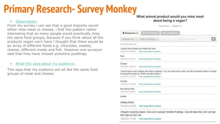 • Observation:
From my survey i can see that a good majority would
either miss meat or cheese, i find this pattern rather
interesting that so many people would practically miss
the same food groups, because if you think about all the
products vegan can't have i thought that there would be
an array of different foods e.g. chocolate, sweets,
cheese, different meats and fish. However one surveyor
said that they have missed yorkshire puddings.
• What this says about my audience:
This says that my audience are all like the same food
groups of meat and cheese.
Primary Research- Survey Monkey
 