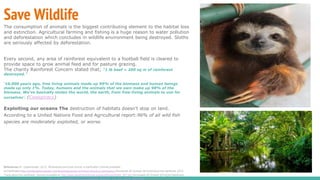 Save Wildlife
The consumption of animals is the biggest contributing element to the habitat loss
and extinction. Agricultural farming and fishing is a huge reason to water pollution
and deforestation which concludes in wildlife environment being destroyed. Sloths
are seriously affected by deforestation.
Every second, any area of rainforest equivalent to a football field is cleared to
provide space to grow animal feed and for pasture grazing.
The charity Rainforest Concern stated that; “1 lb beef = 200 sq m of rainforest
destroyed.”
‘10,000 years ago, free living animals made up 99% of the biomass and human beings
made up only 1%. Today, humans and the animals that we own make up 98% of the
biomass. We’ve basically stolen the world, the earth, from free-living animals to use for
ourselves’. (Cowspiracy)
Exploiting our oceans The destruction of habitats doesn’t stop on land.
According to a United Nations Food and Agricultural report:96% of all wild fish
species are moderately exploited, or worse.
References:Dr. Oppenlander, 2012. ‘Biodiversity and food choice: a clarification’ [online] available
at:Clarificationhttp://comfortablyunaware.com/blog/biodiversity-and-food-choice-a-clarification/ [Accessed 29 October 2014].[ii] Save the rainforest. 2012.
‘Facts about the rainforest’. [online] Available at: http://www.savetherainforest.org/savetherainforest_007.htm [Accessed 29 October 2014].[iii] Rainforest
Concern, 2008. [online] Available at: http://www.rainforestconcern.org/rainforest_facts/why_are_they_being_destroyed/ [Accessed 29 October 2014].[iv] FAO
 