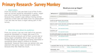 • Observation:
From my survey i can see that 6 out of the 9 who
took my survey would be interested in going vegan
and only 2 wouldn't be interested in veganism
because they couldn't cope without having animal
products in their diet and lastly from my observation
i can see that we have a vegan taking part in this
survey.
• What this says about my audience:
From my survey i can say over half of my servers
would be interested in a vegan diet even if it’s
limiting animal products out of their current diet or
going vegan completely which says they are open
minded people for accepting and being interested in
something which doesn't conform to society
standards. However there was one person who was
adamant that going vegan wouldn't be for them
because they like meat too much.
Primary Research- Survey Monkey
 