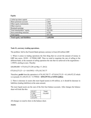 Equity

Called up share capital                             5,771
Share premium account                               5,463
Other equity instruments                            3,780
Other reserves                                      15,255
Retained earnings                                   72,267
Total shareholders‟ equity                          102,536
Non-controlling interests                           4,760
Total equity                                        107,296
Total equity and liabilities                        1,650,904




Task #1, currency trading operations.

The problem: Sell to the Finnish Bank (primary currency is Euro) 60 million GBP.

1. When it comes to trading operations the first thing that we covert the amount of money in
GBP into euros; 1EUR = 0.799846 GBP. Then we need to negotiate the rate of selling to the
different bank; at the moment of selling operation the rate that we achieved in the negotiations –
1.5993% sterling to euro. Thereby:

£60,000,000 = €75,014,273.25€ (at May 17, 2012)

€75,014,273.25 × (1+ 0.015993) = €76,183,745.77

Therefore, profit from the operation is: €76,183,745.77 - €75,014,273.25 = €1,169,472.52 which
is in pounds: €1,169,472.52 × 0.799846 = £935,397.92 or 0.9354 million

2. There is decrease in assets (the most liquid assets) in 60 million, so it should be decrease in
liabilities (trading liabilities) at the same amount.

The most liquid assets are the sum of the first four balance accounts. After changes the balance
sheet will look like this:
                             83,917           Total:
                             5,302           316,845
                             13,156
                             213,471
All changes we need to show in the balance sheet.

Assets:
 