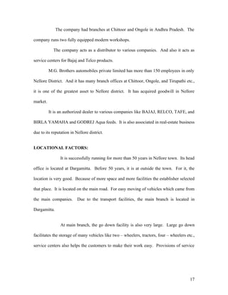 The company had branches at Chittoor and Ongole in Andhra Pradesh. The
company runs two fully equipped modern workshops.
The company acts as a distributor to various companies. And also it acts as
service centers for Bajaj and Telco products.
M.G. Brothers automobiles private limited has more than 150 employees in only
Nellore District. And it has many branch offices at Chittoor, Ongole, and Tirupathi etc.,
it is one of the greatest asset to Nellore district. It has acquired goodwill in Nellore
market.
It is an authorized dealer to various companies like BAJAJ, RELCO, TAFE, and
BIRLA YAMAHA and GODREJ Aqua feeds. It is also associated in real-estate business
due to its reputation in Nellore district.
LOCATIONAL FACTORS:
It is successfully running for more than 50 years in Nellore town. Its head
office is located at Dargamitta. Before 50 years, it is at outside the town. For it, the
location is very good. Because of more space and more facilities the establisher selected
that place. It is located on the main road. For easy moving of vehicles which came from
the main companies. Due to the transport facilities, the main branch is located in
Dargamitta.
At main branch, the go down facility is also very large. Large go down
facilitates the storage of many vehicles like two – wheelers, tractors, four – wheelers etc.,
service centers also helps the customers to make their work easy. Provisions of service
17
 