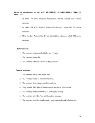 Figure of performance of the M.G. BROTHERS AUTOMOBILES PRIVATE
LIMITED:
1. In 1997 - 98 M.G. Brothers Automobiles Private Limited had 37crores
turnover.
2. In 2006 – 08 M.G. Brothers Automobiles Private Limited had 202 crores
turnover.
3. M.G. Brothers Automobiles Private Limited had taken as a whole 350 crores
turnover.
Achievements:
1. The company commercial vehicles got 1st
place.
2. The company by the ISI.
3. The company 24 hours service in Bajaj vehicles.
Current planning:
1. The company has to own their CRM.
2. The company wants to prioritize Analysis.
3. The company does repeat complete Analysis.
4. They provide TMC (Total Maintenance Contract) at all divisions.
5. The company had done Muda (i.e., nothing but waste).
6. The company provides Non- conformation services.
7. The company provides timely quality manpower and work infrastructure.
24
 