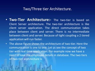 Two/Three tier Architecture.
• Two-Tier Architecture:- The two-tier is based on
Client Server architecture. The two-tier architecture is like
client server application. The direct communication takes
place between client and server. There is no intermediate
between client and server. Because of tight coupling a 2 tiered
application will run faster.
• The above figure shows the architecture of two-tier. Here the
communication is one to one. Let us see the concept of two
tier with real time application. For example now we have a
need to save the employee details in database. The two tiers
of two-tier architecture is
 