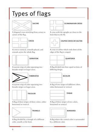 Types of flags
                           SALTIRE                                  SCANDINAVIAN CROSS




A diagonal cross stretching from corner to       A cross with the upright set closer to the
corner of the ﬂag.                               hoist than to the ﬂy.


                      CROSS                                    COUPED CROSS OR SALTIRE




A cross is vertical, centrally placed, and       A cross or saltire which ends short of the
extends across the whole ﬂag.                    edges of the ﬂag is couped.


                       SERRATION                                     QUARTERED




A narrow strip of color separating two           A ﬂag divided into four equal sections of
broader stripes or larger areas.                 differing design.


                       FIMBRIATED                                 BICOLOR




A narrow strip of color separating two           A ﬂag of two stripes of different colors,
broader stripes or larger areas.                 either horizontal or vertical.


                     TRICOLOR                                          TRIBAR




A ﬂag of three stripes of three colors, either   A ﬂag of three stripes of two colors,
horizontal or vertical.                          horizontal or vertical.


                           TRIANGLE                                    BORDERED




A ﬂag divided by a triangle of a different       A ﬂag where the central color is surrounded
color, usually at the hoist.                     by a different color.


6
 
