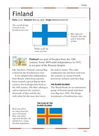 Europe




Finland
Ratio: 11:18 Adopted: May 29, 1918 Usage: National and Civil

The overall design
is based on the
Scandinavian cross
                                                                 Blue represents
                                                                 Finland’s blue skies
                                                                 and its thousands
                                                                 of lakes


                         White recalls the
                         snows of winter


                     Finland was part of Sweden from the 12th
                     century. From 1809 until independence in 1917,
                     it was part of the Russian Empire.
Like Sweden’s, Finland’s national ﬂag        the land in winter. This color
is based on the Scandinavian cross.          combination has also been used over
    It was adopted after independence        the centuries in various Finnish
from Russia, when many patriotic             provincial, military, and town ﬂags.
Finns wanted a special ﬂag for their
country, but its design dates back to        THE ÅLAND ISLANDS
the 19th century. The blue coloring is       The Åland Islands are an autonomous
said to represent the country’s              group of Finnish islands with their
thousands of lakes and the sky,              own ﬂag since 1954. The design
with white for the snow that covers          incorporates a Scandinavian cross.


                            THE FLAG OF THE
                            ÅLAND ISLANDS
Red and yellow
are taken from the
arms of Finland.
Blue and yellow
represent Sweden; the
islands have a large
Swedish population


                                                                                 113
 