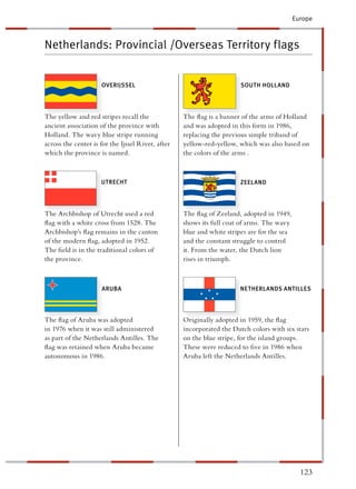 Europe



Netherlands: Provincial /Overseas Territory flags


                     OVERIJSSEL                                        SOUTH HOLLAND




The yellow and red stripes recall the              The ﬂag is a banner of the arms of Holland
ancient association of the province with            nd was adopted in this form in 1986,
Holland. The wavy blue stripe running              eplacing the previous simple triband of
across the center is for the Ijssel River, after    ellow-red-yellow, which was also based on
which the province is named.                       he colors of the arms .



                     UTRECHT                                           ZEELAND




The Archbishop of Utrecht used a red               The ﬂag of Zeeland, adopted in 1949,
ﬂag with a white cross from 1528. The              hows its full coat of arms. The wavy
Archbishop’s ﬂag remains in the canton              lue and white stripes are for the sea
of the modern ﬂag, adopted in 1952.                 nd the constant struggle to control
The ﬁeld is in the traditional colors of             . From the water, the Dutch lion
the province.                                       ises in triumph.



                     ARUBA                                             NETHERLANDS ANTILLES




The ﬂag of Aruba was adopted                       Originally adopted in 1959, the ﬂag
in 1976 when it was still administered             ncorporated the Dutch colors with six stars
as part of the Netherlands Antilles. The            n the blue stripe, for the island groups.
ﬂag was retained when Aruba became                 These were reduced to ﬁve in 1986 when
autonomous in 1986.                                Aruba left the Netherlands Antilles.




                                                                                              123
 