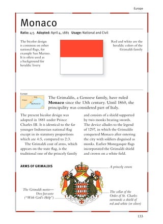 Europe




Monaco
Ratio: 4:5 Adopted: April 4, 1881 Usage: National and Civil

The bicolor design                                             Red and white are the
is common on other                                              heraldic colors of the
national ﬂags, for                                                   Grimaldi family
example San Marino.
It is often used as
a background for
heraldic livery




Europe
                   The Grimaldis, a Genoese family, have ruled
                   Monaco since the 13th century. Until 1860, the
                   principality was considered part of Italy.
The present bicolor design was            and consists of a shield supported
adopted in 1881 under Prince              by two monks bearing swords.
Charles III. It is identical to the far   The device alludes to the legend
younger Indonesian national ﬂag           of 1297, in which the Grimaldis
except in its statutory proportions       conquered Monaco after entering
which are 4:5, compared to 2:3.           the city with soldiers disguised as
   The Grimaldi coat of arms, which       monks. Earlier Monegasque ﬂags
appears on the state ﬂag, is the          incorporated the Grimaldi shield
traditional one of the princely family    and crown on a white ﬁeld.


ARMS OF GRIMALDIS                                             A princely crown




 The Grimaldi motto—
                                                              The collar of the
          Deo Juvante
                                                              Order of St. Charles
   (“With God’s Help”)
                                                              surrounds a shield of
                                                              red and white (or silver)


                                                                                    133
 