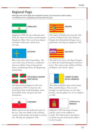 Europe



Regional flags
Although most of the ﬂags were adopted recently, all are based on older models,
or traditional arms, displaying continuity with the past.




                    ANDALUSIA                                         ARAGÓN




Adopted in 1918, but not conﬁrmed until          The stripes of Aragón date from the 14th
1983, the colors were those used during the       entury. Tradition states that a King of
Napoleonic Wars. The coat of arms depicts        Aragón drew bloodstained ﬁngers over a
the Pillars of Hercules and the lions             old shield. The ﬂag was adopted in 1981.
of Cadiz.


                    ASTURIAS                                          BALEARES




Blue is the color of the Virgin Mary. The        The ﬁeld is the same as the ﬂag of Aragón,
cross is the Cross of Victory, a traditional     o which the islands belonged in medieval
Asturian emblem. From it hang Greek               mes. The canton is the emblem of Palma
letters, symbolizing Christ, the Beginning,       e Majorca, the islands’ capital.
and the End.


                    THE BASQUE COUNTRY                               CANARY ISLANDS
                    (PAÍS VASCO)                                     (ISLAS CANARIAS)


This ﬂag was ﬁrst adopted in 1931 and            The colors symbolize those of the Virgin
re-adopted in 1979. It is based on the           Mary and the Papacy. They are also
Union Jack. Red recalls bloodshed, white         hought to evoke the blue sea, the white
the Catholic faith, and green the Oak             eaches, and the golden sun. It was adopted
of Guérnica.                                     n 1989.


                    CANTAB RIA
                       T                                                    CASTILLA-LA
                                                                            MANCHA


White and red are the traditional colors of      Adopted in 1989, the deep red stripe
the area. The arms allude to the seafaring        nd the castle are the emblem of
customs of the people and include an ancient     Castile. The white panel is intended to
seal. The ﬂag was adopted in 1981.                ecall the surcoats worn by the soldiers
                                                 n the Crusades.



                                                                                            137
 