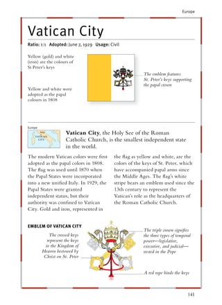 Europe




Vatican City
Ratio: 1:1 Adopted: June 7, 1929 Usage: Civil

Yellow (gold) and white
(iron) are the colours of
St Peter’s keys
                                                       The emblem features
                                                       St. Peter’s keys supporting
                                                       the papal crown
Yellow and white were
adopted as the papal
colours in 1808




Europe
                      Vatican City, the Holy See of the Roman
                      Catholic Church, is the smallest independent state
                      in the world.
The modern Vatican colors were ﬁrst       the ﬂag as yellow and white, are the
adopted as the papal colors in 1808.      colors of the keys of St. Peter, which
The ﬂag was used until 1870 when          have accompanied papal arms since
the Papal States were incorporated        the Middle Ages. The ﬂag’s white
into a new uniﬁed Italy. In 1929, the     stripe bears an emblem used since the
Papal States were granted                 13th century to represent the
independent status, but their             Vatican’s role as the headquarters of
authority was conﬁned to Vatican          the Roman Catholic Church.
City. Gold and iron, represented in


EMBLEM OF VATICAN CIT Y
                                                       The triple crown signiﬁes
            The crossed keys                           the three types of temporal
           represent the keys                          power—legislative,
          to the Kingdom of                            executive, and judicial—
         Heaven bestowed by                            vested in the Pope
         Christ on St. Peter


                                                        A red rope binds the keys



                                                                                141
 
