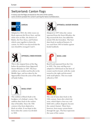 Europe



Switzerland: Canton flags
In every case the ﬂags are based on the arms of the canton,
some of which predate the canton’s joining the Swiss Confederation.




              AARGAU                                           APPENZELL AUSSER-RHODEN




Adopted in 1803, the white waves on              Adopted in 1597 when the canton
black represent the River Aare, and the          eparated from the Inner-Rhoden, the
white stars on blue, the districts of             ag retained the bear, but added the
Baden, the Free Areas, and Fricktal,             nitials VR (for Ussroden). The bear
which came together to form the                   ates back to medieval banners. It
canton. In 1963 it was decreed that the          was used from 1403 in battles against
stars should be arranged 2 and 1.                eudal landlords.




              APPENZELL INNER-RHODEN                           BASEL-LAND




This is the original form of the ﬂag             Basel-Land separated from the City
before the partition from Appenzell              n 1832. The arms and ﬂag were
Ausser-Rhoden in 1597. The bear                   dopted in 1834 based on the form of
emblem was widely used locally in the             rozier used in Liestal, with the crook
Middle Ages, and was taken by the                 urned to the right and decorated
Appenzellers from the arms of the abbey          with small spheres. This was made
of Sankt Gallen.                                  fﬁcial in 1947.




              BASEL-STA DT
                     T                                         BERN




The emblem of Basel-Stadt is the                 The coat of arms dates back to the
headpiece of a bishop’s crozier. The              2th century. Soon after which the
emblem dates back to the earliest                 rms, which depict a bear on a red
days of heraldry. Since the 15th                  eld with a yellow diagonal, became
century it has been depicted as                  he canton’s banner. There have,
black on white. It was kept in this               owever, been many variant forms
form when the canton was divided                 hrough the ages. The bear represents
in 1832.                                         he name of the canton.



144
 