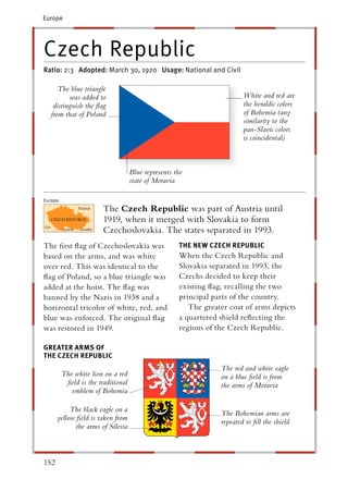 Europe




Czech Republic
Ratio: 2:3 Adopted: March 30, 1920 Usage: National and Civil

      The blue triangle
          was added to                                                   White and red are
    distinguish the ﬂag                                                  the heraldic colors
   from that of Poland                                                   of Bohemia (any
                                                                         similarity to the
                                                                         pan-Slavic colors
                                                                         is coincidental)



                                    Blue represents the
                                    state of Moravia

Europe
                        The Czech Republic was part of Austria until
                        1919, when it merged with Slovakia to form
                        Czechoslovakia. The states separated in 1993.
The ﬁrst ﬂag of Czechoslovakia was                   THE NEW CZECH REPUBLIC
based on the arms, and was white                     When the Czech Republic and
over red. This was identical to the                  Slovakia separated in 1993, the
ﬂag of Poland, so a blue triangle was                Czechs decided to keep their
added at the hoist. The ﬂag was                      existing ﬂag, recalling the two
banned by the Nazis in 1938 and a                    principal parts of the country.
horizontal tricolor of white, red, and                  The greater coat of arms depicts
blue was enforced. The original ﬂag                  a quartered shield reﬂecting the
was restored in 1949.                                regions of the Czech Republic.

GREATER ARMS OF
THE CZECH REPUBLIC
                                                                 The red and white eagle
         The white lion on a red                                 on a blue ﬁeld is from
          ﬁeld is the traditional                                the arms of Moravia
            emblem of Bohemia

           The black eagle on a
                                                                 The Bohemian arms are
      yellow ﬁeld is taken from
                                                                 repeated to ﬁll the shield
             the arms of Silesia



152
 