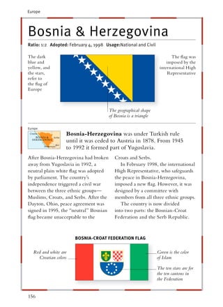 Europe




Bosnia & Herzegovina
Ratio: 1:2 Adopted: February 4, 1998 Usage:National and Civil

The dark                                                                 The ﬂag was
blue and                                                               imposed by the
yellow, and                                                        international High
the stars,                                                             Representative
refer to
the ﬂag of
Europe



                                        The geographical shape
                                        of Bosnia is a triangle

Europe
                   Bosnia-Herzegovina was under Turkish rule
                   until it was ceded to Austria in 1878. From 1945
                   to 1992 it formed part of Yugoslavia.
After Bosnia-Herzegovina had broken        Croats and Serbs.
away from Yugoslavia in 1992, a               In February 1998, the international
neutral plain white ﬂag was adopted        High Representative, who safeguards
by parliament. The country’s               the peace in Bosnia-Herzegovina,
independence triggered a civil war         imposed a new ﬂag. However, it was
between the three ethnic groups—           designed by a committee with
Muslims, Croats, and Serbs. After the      members from all three ethnic groups.
Dayton, Ohio, peace agreement was             The country is now divided
signed in 1995, the “neutral” Bosnian      into two parts: the Bosnian-Croat
ﬂag became unacceptable to the             Federation and the Serb Republic.



                       BOSNIA-CROAT FEDERATION FLAG


   Red and white are                                              Green is the color
     Croatian colors                                              of Islam

                                                                  The ten stars are for
                                                                  the ten cantons in
                                                                  the Federation


156
 