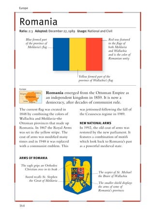 Europe




Romania
Ratio: 2:3 Adopted: December 27, 1989 Usage: National and Civil

      Blue formed part                                         Red was featured
      of the province of                                       in the ﬂags of
        Moldavia’s ﬂag                                         both Moldavia
                                                               and Wallachia
                                                               and is the color of
                                                               Romanian unity




                                        Yellow formed part of the
                                        province of Wallachia’s ﬂag

Europe
                       Romania emerged from the Ottoman Empire as
                       an independent kingdom in 1859. It is now a
                       democracy, after decades of communist rule.
The current ﬂag was created in          was jettisoned following the fall of
1848 by combining the colors of         the Ceausescu regime in 1989.
Wallachia and Moldavia–the
Ottoman provinces that made up          NEW NATIONAL ARMS
Romania. In 1867 the Royal Arms         In 1992, the old coat of arms was
was set in the yellow stripe. The       restored by the new parliament. It
coat of arms was modiﬁed many           features a combination of motifs
times and in 1948 it was replaced       which look back to Romania’s past
with a communist emblem. This           as a powerful medieval state.


ARMS OF ROMANIA

 The eagle grips an Orthodox
   Christian cross in its beak
                                                       The scepter of St. Michael
      Sword recalls St. Stephen                        the Brave of Wallachia
        the Great of Moldavia
                                                       The smaller shield displays
                                                       the arms of some of
                                                       Romania’s provinces



164
 