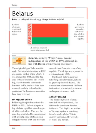 Europe




Belarus
Ratio: 1:2 Adopted: May 16, 1995 Usage: National and Civil

Red and                                                                     Red and
white are                                                                 green were
traditional                                                                the colors
Belarussian                                                              of Belarus’s
colors                                                                   ﬂag while it
                                                                         was a Soviet
                                                                             republic



                    A national ornament
                    representing woven cloth

Europe
                  Belarus, formerly White Russia, became
                  independent of the USSR in 1991, although its
                  ties with Russia are increasing once more.
The original ﬂag of Belarus while              were derived from the arms of the
under Soviet administration in 1922            republic. The design was rejected in
was similar to that of the USSR. It            a referendum in 1995.
was changed in 1951, and the ﬂag                   The ﬂag of Belarus adopted
used today is similar to this second           following the referendum, reﬂects
ﬂag, except that the communist                 its growing ties with Russia. The
hammer, sickle, and star have been             unusual ornamentation in the hoist
removed, and the red and white                 is described as a national ornament
portions of the hoist ornamentation            and represents woven cloth.
have been reversed.
                                               ARMS OF BELARUS
THE REJECTED DESIGN                            The Soviet-style coat of arms,
Following independence from the                retained on independence, also
USSR in 1991, Belarus adopted a                reﬂects the dominant Russian
ﬂag of three equal horizontal stripes          inﬂuence. This depicts an outline
of white-red-white. This was the               of the state against a sun rising
same ﬂag which had been associated             from behind a globe. This is
with a brief period of Belarussian             entirely surrounded by wreaths
independence in 1918 and its colors            of wheat and ﬂowers.


166
 