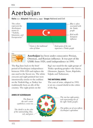 Asia




Azerbaijan
Ratio: 1:2 Adopted: February 5, 1991 Usage: National and Civil

The colors                                                                      Blue is often
represent the                                                                   associated with
Azerbaijani                                                                     the Turkic
motto to                                                                        people
“Turkify,
Islamisize, and                                                                 Red recalls
Europeanize”                                                                    European
                                                                                inﬂuence


                         Green is the traditional           Each point of the star
                         color of Islam                     represents a Turkic people

Asia
                      Azerbaijan has been under consecutive Persian,
                      Ottoman, and Russian inﬂuence. It was part of the
                      USSR from 1920, until independence in 1991.
The ﬂag dates back to the brief                     ﬂag’s star stand for the eight groups of
period of Azerbaijani independence                  Turkic-speaking peoples—the Azeris,
between 1918–1920 and replaces the                  Ottomans, Jagatais, Tatars, Kipchaks,
one used in the Soviet era. The white               Seljuks and Turkomans.
crescent and eight-pointed star were
intentionally similar to the emblem                 THE NATIONAL ARMS
on the Turkish ﬂag, as Turkey has                   The coat of arms, adopted in 1993,
traditionally been an ally of the                   is set on a round shield in the colors
country. The eight points on the                    of the ﬂag.


ARMS OF AZERBAIJAN
                                                                   The star has eight points,
              The ﬂame at                                          each representing one of
            the star’s center                                      the eight Turkic peoples
       symbolizes a new era

                                                                   The golden ear of corn reﬂects
    The shield is in the color                                     Azerbaijan’s agriculture
   of the national ﬂag; blue,
               red, and green



172
 