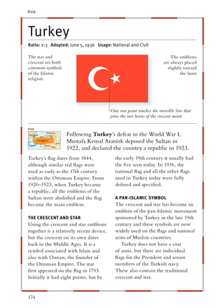 Asia




Turkey
Ratio: 2:3 Adopted: June 5, 1936 Usage: National and Civil

The star and                                                                The emblems
crescent are both                                                       are always placed
common symbols                                                            slightly toward
of the Islamic                                                                   the hoist
religion




                                          One star point touches the invisible line that
                                          joins the two horns of the crescent moon


                    Following Turkey’s defeat in the World War I,
                    Mustafa Kemal Atatürk deposed the Sultan in
                    1922, and declared the country a republic in 1923.
Turkey’s ﬂag dates from 1844,               the early 19th century it usually had
although similar red ﬂags were              the ﬁve seen today. In 1936, the
used as early as the 17th century           national ﬂag and all the other ﬂags
within the Ottoman Empire. From             used in Turkey today were fully
1920–1923, when Turkey became               deﬁned and speciﬁed.
a republic, all the emblems of the
Sultan were abolished and the ﬂag           A PAN-ISLAMIC SYMBOL
became the main emblem.                     The crescent and star has become an
                                            emblem of the pan-Islamic movement
THE CRESCENT AND STAR
                  T                         sponsored by Turkey in the late 19th
Using the crescent and star emblems         century and these symbols are now
together is a relatively recent device,     widely used on the ﬂags and national
but the crescent on its own dates           arms of Muslim countries.
back to the Middle Ages. It is a               Turkey does not have a coat
symbol associated with Islam and            of arms, but there are individual
also with Osman, the founder of             ﬂags for the President and senior
the Ottoman Empire. The star                members of the Turkish navy.
ﬁrst appeared on the ﬂag in 1793.           These also contain the traditional
Initially it had eight points, but by       crescent and star.


174
 