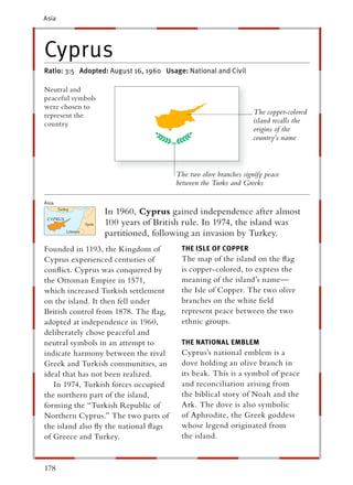 Asia




Cyprus
Ratio: 3:5 Adopted: August 16, 1960 Usage: National and Civil

Neutral and
peaceful symbols
were chosen to
represent the                                                     The copper-colored
country                                                           island recalls the
                                                                  origins of the
                                                                  country’s name



                                       The two olive branches signify peace
                                       between the Turks and Greeks

Asia
                   In 1960, Cyprus gained independence after almost
                   100 years of British rule. In 1974, the island was
                   partitioned, following an invasion by Turkey.
Founded in 1193, the Kingdom of          THE ISLE OF COPPER
Cyprus experienced centuries of          The map of the island on the ﬂag
conﬂict. Cyprus was conquered by         is copper-colored, to express the
the Ottoman Empire in 1571,              meaning of the island’s name—
which increased Turkish settlement       the Isle of Copper. The two olive
on the island. It then fell under        branches on the white ﬁeld
British control from 1878. The ﬂag,      represent peace between the two
adopted at independence in 1960,         ethnic groups.
deliberately chose peaceful and
neutral symbols in an attempt to         THE NATIONAL EMBLEM
indicate harmony between the rival       Cyprus’s national emblem is a
Greek and Turkish communities, an        dove holding an olive branch in
ideal that has not been realized.        its beak. This is a symbol of peace
   In 1974, Turkish forces occupied      and reconciliation arising from
the northern part of the island,         the biblical story of Noah and the
forming the “Turkish Republic of         Ark. The dove is also symbolic
Northern Cyprus.” The two parts of       of Aphrodite, the Greek goddess
the island also ﬂy the national ﬂags     whose legend originated from
of Greece and Turkey.                    the island.


178
 