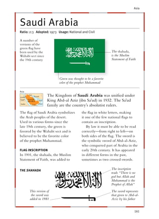 Asia




Saudi Arabia
Ratio: 2:3 Adopted: 1973 Usage: National and Civil

A number of
versions of the
green ﬂag have
been used by the                                               The shahada,
Wahabi sect since                                              is the Muslim
the 19th century                                               Statement of Faith




                          Green was thought to be a favorite
                          color of the prophet Muhammad

Asia
                    The Kingdom of Saudi Arabia was uniﬁed under
                    King Abd-al Aziz (ibn Sa’ud) in 1932. The Sa’ud
                    family are the country’s absolutist rulers.
The ﬂag of Saudi Arabia symbolizes         the ﬂag in white letters, making
the Arab peoples of the desert.            it one of the few national ﬂags to
Used in various forms since the            contain an inscription.
late 19th century, the green is                By law it must be able to be read
favored by the Wahabi sect and is          correctly—from right to left—on
believed to be the favorite color          both sides of the ﬂag. The sword is
of the prophet Muhammad.                   the symbolic sword of Abd-al-Aziz,
                                           who conquered part of Arabia in the
FLAG INSCRIPTION                           early 20th century. It has appeared
In 1901, the shahada, the Muslim           in different forms in the past,
Statement of Faith, was added to           sometimes as two crossed swords.

THE SHAHADA                                                    The inscription
                                                               reads “There is no
                                                               god but Allah and
                                                               Muhammad is the
                                                               Prophet of Allah”
       This version of                                         The sword represents
        the sword was                                          that given to Abd-al-
       added in 1981                                           Aziz by his father


                                                                                181
 