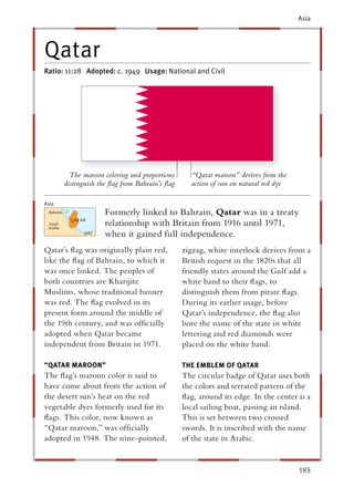Asia




Qatar
Ratio: 11:28 Adopted: c. 1949 Usage: National and Civil




         The maroon coloring and proportions      “Qatar maroon” derives from the
       distinguish the ﬂag from Bahrain’s ﬂag     action of sun on natural red dye

Asia
                     Formerly linked to Bahrain, Qatar was in a treaty
                     relationship with Britain from 1916 until 1971,
                     when it gained full independence.
Qatar’s ﬂag was originally plain red,           zigzag, white interlock derives from a
like the ﬂag of Bahrain, to which it            British request in the 1820s that all
was once linked. The peoples of                 friendly states around the Gulf add a
both countries are Kharijite                    white band to their ﬂags, to
Muslims, whose traditional banner               distinguish them from pirate ﬂags.
was red. The ﬂag evolved in its                 During its earlier usage, before
present form around the middle of               Qatar’s independence, the ﬂag also
the 19th century, and was ofﬁcially             bore the name of the state in white
adopted when Qatar became                       lettering and red diamonds were
independent from Britain in 1971.               placed on the white band.

“QATAR MAROON”                                  THE EMBLEM OF QATAR
The ﬂag’s maroon color is said to               The circular badge of Qatar uses both
have come about from the action of              the colors and serrated pattern of the
the desert sun’s heat on the red                ﬂag, around its edge. In the center is a
vegetable dyes formerly used for its            local sailing boat, passing an island.
ﬂags. This color, now known as                  This is set between two crossed
“Qatar maroon,” was ofﬁcially                   swords. It is inscribed with the name
adopted in 1948. The nine-pointed,              of the state in Arabic.


                                                                                     185
 