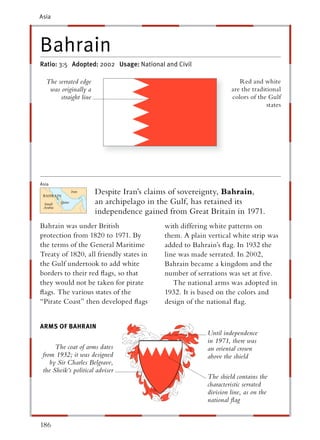 Asia




Bahrain
Ratio: 3:5 Adopted: 2002 Usage: National and Civil

  The serrated edge                                                 Red and white
   was originally a                                              are the traditional
       straight line                                             colors of the Gulf
                                                                               states




Asia
                       Despite Iran’s claims of sovereignty, Bahrain,
                       an archipelago in the Gulf, has retained its
                       independence gained from Great Britain in 1971.
Bahrain was under British                 with differing white patterns on
protection from 1820 to 1971. By          them. A plain vertical white strip was
the terms of the General Maritime         added to Bahrain’s ﬂag. In 1932 the
Treaty of 1820, all friendly states in    line was made serrated. In 2002,
the Gulf undertook to add white           Bahrain became a kingdom and the
borders to their red ﬂags, so that        number of serrations was set at ﬁve.
they would not be taken for pirate           The national arms was adopted in
ﬂags. The various states of the           1932. It is based on the colors and
“Pirate Coast” then developed ﬂags        design of the national ﬂag.


ARMS OF BAHRAIN
                                                        Until independence
                                                        in 1971, there was
      The coat of arms dates                            an oriental crown
 from 1932; it was designed                             above the shield
    by Sir Charles Belgrave,
 the Sheik’s political adviser
                                                        The shield contains the
                                                        characteristic serrated
                                                        division line, as on the
                                                        national ﬂag


186
 