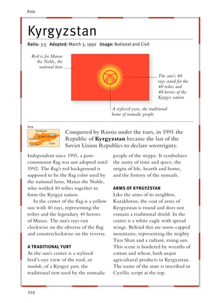 Asia




Kyrgyzstan
Ratio: 3:5 Adopted: March 3, 1992 Usage: National and Civil

  Red is for Manas
    the Noble, the
     national hero
                                                                    The sun’s 40
                                                                    rays stand for the
                                                                    40 tribes and
                                                                    40 heroes of the
                                                                    Kyrgyz nation

                                          A stylized yurt, the traditional
                                          home of nomadic people

Asia
                     Conquered by Russia under the tsars, in 1991 the
                     Republic of Kyrgyzstan became the last of the
                     Soviet Union Republics to declare sovereignty.
Independent since 1991, a post-           people of the steppe. It symbolizes
communist ﬂag was not adopted until       the unity of time and space, the
1992. The ﬂag’s red background is         origin of life, hearth and home,
supposed to be the ﬂag color used by      and the history of the nomads.
the national hero, Manas the Noble,
who welded 40 tribes together to          ARMS OF KYRGYZSTA N
                                                         T
form the Kyrgyz nation.                   Like the arms of its neighbor,
   In the center of the ﬂag is a yellow   Kazakhstan, the coat of arms of
sun with 40 rays, representing the        Kyrgyzstan is round and does not
tribes and the legendary 40 heroes        contain a traditional shield. In the
of Manas. The sun’s rays run              center is a white eagle with spread
clockwise on the obverse of the ﬂag       wings. Behind this are snow-capped
and counterclockwise on the reverse.      mountains, representing the mighty
                                          Tien Shan and a radiant, rising sun.
A TRADITIONAL YURT                        This scene is bordered by wreaths of
At the sun’s center is a stylized         cotton and wheat, both major
bird’s-eye view of the roof, or           agricultural products in Kyrgyzstan.
tunduk, of a Kyrgyz yurt, the             The name of the state is inscribed in
traditional tent used by the nomadic      Cyrillic script at the top.


194
 