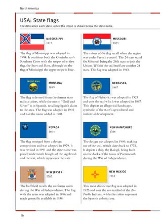 North America



USA: State flags
The date when each state joined the Union is shown below the state name.



                     MISSISSIPPI                                        MISSOURI
                     1817                                               1821


The ﬂag of Mississippi was adopted in            The colors of the ﬂag recall when the region
1894. It combines both the Confederacy’s         was under French control. The 24 stars stand
Southern Cross with the stripes of its ﬁrst      or Missouri being the 24th state to join the
ﬂag, the Stars and Bars, although on the         Union. Within the seal itself are another 24
ﬂag of Mississippi the upper stripe is blue.      ars. The ﬂag was adopted in 1913.



                       MONTANA                                         NEBRASK A
                       1889                                            1867


The ﬂag is derived from the former state         The ﬂag of Nebraska was adopted in 1925
militia colors, while the motto “Gold and         nd uses the seal which was adopted in 1867.
Silver” is in Spanish, recalling Spain’s claim   This depicts an allegorical landscape,
to the area. The ﬂag was adopted in 1905         ymbolic of the state’s agricultural and
and had the name added in 1981.                  ndustrial development.



                       NEVADA                                        NEW HAMPSHIRE
                       1864                                          1788


The ﬂag emerged from a design                    The design was adopted in 1909, making
competition and was adopted in 1929. It           se of the seal, which dates back to 1775.
was revised in 1991 and the state name was         depicts a ship, the Raleigh, being built
placed underneath boughs of the sagebrush         n the docks of the town of Portsmouth
and the star, which represents the state.         uring the War of Independence.



                     NEW JERSEY                                      NEW MEXICO
                     1787                                            1912


The buff ﬁeld recalls the uniforms worn          This most distinctive ﬂag was adopted in
during the War of Independence. The ﬂag           925 and uses the sun symbol of the Zia
with the arms was adopted in 1896 and             ueblo Indians, while the colors represent
made generally available in 1938.                he Spanish colonial era.




16
 