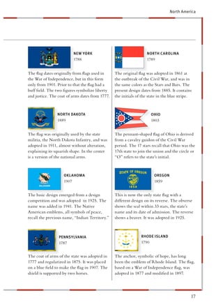 North America




                           NEW YORK                                NORTH CAROLINA
                           1788                                    1789


The ﬂag dates originally from ﬂags used in       The original ﬂag was adopted in 1861 at
the War of Independence, but in this form        he outbreak of the Civil War, and was in
only from 1901. Prior to that the ﬂag had a      he same colors as the Stars and Bars. The
buff ﬁeld. The two ﬁgures symbolize liberty       resent design dates from 1885. It contains
and justice. The coat of arms dates from 1777.   he initials of the state in the blue stripe.



                NORTH DAKOTA                                           OHIO
                1889                                                   1803


The ﬂag was originally used by the state         The pennant-shaped ﬂag of Ohio is derived
militia, the North Dakota Infantry, and was      rom a cavalry guidon of the Civil War
adopted in 1911, almost without alteration,       eriod. The 17 stars recall that Ohio was the
explaining its squarish shape. In the center      7th state to join the union and the circle or
is a version of the national arms.                O” refers to the state’s initial.



                    OKLAHOMA                                            OREGON
                    1907                                                1859


The basic design emerged from a design           This is now the only state ﬂag with a
competition and was adopted in 1925. The          ifferent design on its reverse. The obverse
name was added in 1941. The Native               hows the seal within 33 stars, the state’s
American emblems, all symbols of peace,           ame and its date of admission. The reverse
recall the previous name, “Indian Territory.”    hows a beaver. It was adopted in 1925.



                 PENNSYLVANIA                                   RHODE ISLAND
                 1787                                           1790


The coat of arms of the state was adopted in     The anchor, symbolic of hope, has long
1777 and regularized in 1875. It was placed       een the emblem of Rhode Island. The ﬂag,
on a blue ﬁeld to make the ﬂag in 1907. The       ased on a War of Independence ﬂag, was
shield is supported by two horses.                dopted in 1877 and modiﬁed in 1897.




                                                                                            17
 