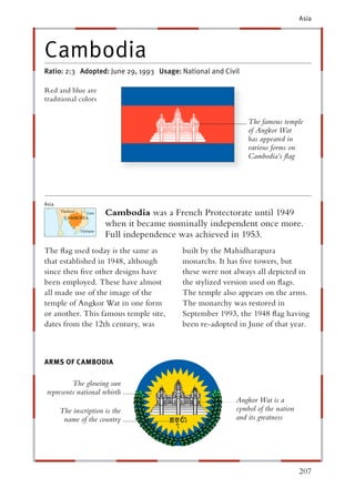 Asia




Cambodia
Ratio: 2:3 Adopted: June 29, 1993 Usage: National and Civil

Red and blue are
traditional colors


                                                              The famous temple
                                                              of Angkor Wat
                                                              has appeared in
                                                              various forms on
                                                              Cambodia’s ﬂag




Asia
                       Cambodia was a French Protectorate until 1949
                       when it became nominally independent once more.
                       Full independence was achieved in 1953.
The ﬂag used today is the same as        built by the Mahidharapura
that established in 1948, although       monarchs. It has ﬁve towers, but
since then ﬁve other designs have        these were not always all depicted in
been employed. These have almost         the stylized version used on ﬂags.
all made use of the image of the         The temple also appears on the arms.
temple of Angkor Wat in one form         The monarchy was restored in
or another. This famous temple site,     September 1993, the 1948 ﬂag having
dates from the 12th century, was         been re-adopted in June of that year.



ARMS OF CAMBODIA

          The glowing sun
 represents national rebirth
                                                         Angkor Wat is a
       The inscription is the                            symbol of the nation
        name of the country                              and its greatness




                                                                                207
 