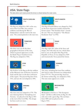 North America



USA: State flags
The date when each state joined the Union is shown below the state name.



                     SOUTH CAROLINA                                   SOUTH DAKOTA
                     1788                                             1889


The ﬂag was adopted in 1861 at the very         The ﬂag of South Dakota was adopted in 1963
start of the Civil War, but contains             n the basis of previous models and had the
emblems used during the War of                  ormer motto “The Sunshine State” around
Independence and also used in the state         he seal. This was changed to “The Mount
arms. The central palmetto is the state tree.   Rushmore State” in 1992.



                      TENNESSEE                                       TEX AS
                      1796                                            1845


The three stars are for the three               The ﬂag copies the colors of the Stars and
geographical divisions of the state,             tripes, but with only one star, which dates
whilst its general appearance recalls            ack to one on the plain blue ﬂag of the
the Battle Flag or Southern Cross.              Republic of Texas. It was adopted in 1839
The ﬂag was adopted in 1905.                     nd retained after Texas joined the Union.



                   UTAH                                                 VERMONT
                   1896                                                 1791


The beehive in the ﬂag recalls the emblem       The arms, including the Lone Pine emblem,
of the Mormon state of Deseret, located in       ate back to when Vermont was independent
Utah and the date recalls their settlement      rom 1777–91. The present ﬂag, based on
of the region. The present ﬂag dates from       he former militia ﬂag, was adopted in 1923.
1911, and uses the seal adopted in 1896.        The state name appears on a scroll.



                    VIRGINIA                                         WASHINGTON
                    1788                                             1889


The state arms was adopted in 1776. The         Washington is known as “The Evergreen
seal, showing Liberty Triumphing over            tate” and this is reﬂected by its ﬂag. It is the
Tyranny, was placed on the ﬂag in 1861           nly state with a green ﬂag. The seal dates
at the start of the Civil War. The design       rom 1889 and was placed on the
has been used ever since.                        ag in 1923.



18
 