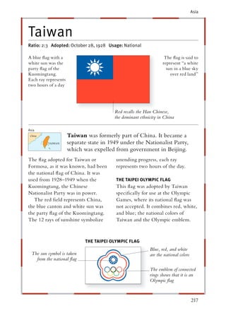 Asia




Taiwan
Ratio: 2:3 Adopted: October 28, 1928 Usage: National

A blue ﬂag with a                                                   The ﬂag is said to
white sun was the                                                  represent “a white
party ﬂag of the                                                     sun in a blue sky
Kuomingtang.                                                           over red land”
Each ray represents
two hours of a day




                                          Red recalls the Han Chinese,
                                          the dominant ethnicity in China

Asia
                      Taiwan was formerly part of China. It became a
                      separate state in 1949 under the Nationalist Party,
                      which was expelled from government in Beijing.
The ﬂag adopted for Taiwan or             unending progress, each ray
Formosa, as it was known, had been        represents two hours of the day.
the national ﬂag of China. It was
used from 1928–1949 when the              THE TAIPEI OLYMPIC FLAG
Kuomingtang, the Chinese                  This ﬂag was adopted by Taiwan
Nationalist Party was in power.           speciﬁcally for use at the Olympic
   The red ﬁeld represents China,         Games, where its national ﬂag was
the blue canton and white sun was         not accepted. It combines red, white,
the party ﬂag of the Kuomingtang.         and blue; the national colors of
The 12 rays of sunshine symbolize         Taiwan and the Olympic emblem.



                             THE TAIPEI OLYMPIC FLAG
                                                            Blue, red, and white
  The sun symbol is taken                                   are the national colors
    from the national ﬂag

                                                            The emblem of connected
                                                            rings shows that it is an
                                                            Olympic ﬂag



                                                                                      217
 