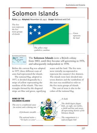 Australasia and Oceania




Solomon Islands
Ratio: 5:9 Adopted: November 18, 1977 Usage: National and Civil

The ﬁve
stars represent
the ﬁve
main groups
of islands                                                                      Green
                                                                                represents
                                                                                the land



                              The yellow stripe
                              symbolizes sunshine

Australasia and Oceania

                          The Solomon Islands were a British colony
                          from 1883, until they became self-governing in 1976,
                          and subsequently independent in 1978.
Before the current ﬂag was adopted                  water and the land. The ﬁve stars
in 1977, three different coats of                   were initially incorporated to
arms had represented the islands.                   represent the country’s ﬁve districts.
   The national ﬂag, adopted in                     The islands were later divided into
1977, is divided diagonally by a                    seven districts and the symbolism of
stripe of yellow representing the                   the stars was modiﬁed to refer to
sunshine of the islands. The two                    the ﬁve main groups of islands.
triangles formed by the diagonal                       The coat of arms is also in the
stripe are blue and green, signifying               colors of the national ﬂag.


ARMS OF THE                                                     A shark
SOLOMON ISLANDS
                                                                The shield depicts frigate
The crest is a traditional canoe                                birds, an eagle, two turtles,
(in section) and a shining sun                                  a shield and bow and arrow,
                                                                all representing districts of the
           A freshwater crocodile                               Solomon Islands

           The national motto –                                 The compartment is a
           “To lead is to serve”                                stylized frigate bird



                                                                                             227
 