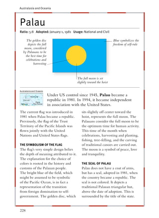 Australasia and Oceania




Palau
Ratio: 5:8 Adopted: January 1, 1981 Usage: National and Civil

    The golden disc                                                  Blue symbolizes the
     depicts the full                                                freedom of self-rule
   moon, considered
  by Palauans to be
    the best time for
    celebrations and
          harvesting



                                         The full moon is set
                                         slightly toward the hoist


                        Under US control since 1945, Palau became a
                        republic in 1981. In 1994, it became independent
                        in association with the United States.
The current ﬂag was introduced in           sits slightly off center toward the
1981 when Palau became a republic.          hoist, represents the full moon. The
Previously, the ﬂag of the Trust            Palauans consider the full moon to be
Territory of the Paciﬁc Islands was         the optimum time for human activity.
ﬂown jointly with the United                This time of the month when
Nations and United States ﬂags.             celebrations, harvesting and planting,
                                            ﬁshing, tree-felling, and the carving
THE SYMBOLISM OF THE FLAG                   of traditional canoes are carried out.
The ﬂag’s very simple design belies         The moon is a symbol of peace, love
the depth of meaning attributed to it.      and tranquility.
The explanation for the choice of
colors is rooted in the history and         THE SEAL OF PALAU
customs of the Palauan people.              Palau does not have a coat of arms,
The bright blue of the ﬁeld, which          but has a seal, adopted in 1981, when
might be assumed to be symbolic             the country became a republic. The
of the Paciﬁc Ocean, is in fact a           seal is not colored. It depicts a
representation of the transition            traditional Palauan triangular hut,
from foreign domination to self-            above the date of adoption. This is
government. The golden disc, which          surrounded by the title of the state.


228
 