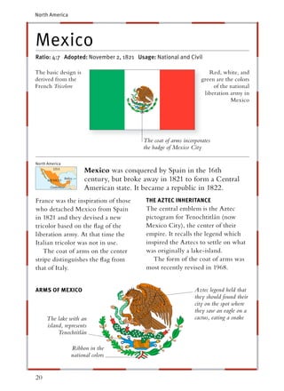 North America




Mexico
Ratio: 4:7 Adopted: November 2, 1821 Usage: National and Civil

The basic design is                                                 Red, white, and
derived from the                                                 green are the colors
French Tricolore                                                      of the national
                                                                  liberation army in
                                                                             Mexico




                                        The coat of arms incorporates
                                        the badge of Mexico City

North America
                      Mexico was conquered by Spain in the 16th
                      century, but broke away in 1821 to form a Central
                      American state. It became a republic in 1822.
France was the inspiration of those      THE AZTEC INHERITANCE
who detached Mexico from Spain           The central emblem is the Aztec
in 1821 and they devised a new           pictogram for Tenochtitlán (now
tricolor based on the ﬂag of the         Mexico City), the center of their
liberation army. At that time the        empire. It recalls the legend which
Italian tricolor was not in use.         inspired the Aztecs to settle on what
   The coat of arms on the center        was originally a lake-island.
stripe distinguishes the ﬂag from           The form of the coat of arms was
that of Italy.                           most recently revised in 1968.


ARMS OF MEXICO                                                Aztec legend held that
                                                              they should found their
                                                              city on the spot where
                                                              they saw an eagle on a
     The lake with an                                         cactus, eating a snake
     island, represents
          Tenochtitlán

                Ribbon in the
                national colors


20
 