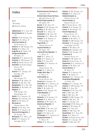 Index


                             British Antarctic Territory ❑    Estonia ❍ NE. Europe, 114
Index                           Antarctica, 129               Ethiopia ❍ E. Africa, 64
                             British Indian Ocean Territory   Falkland Islands ❑
                                ❑ Indian Ocean, 129              Atlantic Ocean, 129
KEY                          British Virgin Islands ❑         Faeroe Islands ❑
❍ Country                       W. Indies, 129                   Atlantic Ocean, 111
                             Brunei ❍ SE. Asia, 215           Fiji ❍ Paciﬁc Ocean , 225
❑ Overseas territory
                             Bulgaria ❍ SE. Europe, 162       Finland ❍ N. Europe, 113
                             Burkina ❍ W. Africa, 84          France ❍ W. Europe, 131
Afghanistan ❍ C. Asia, 196
                             Burundi ❍ C. Africa, 69          French Polynesia ❑
Åland Islands ❑ N. Europe,
                             Cambodia ❍ SE. Asia, 207            Paciﬁc Ocean, 131
   113
                             Cameroon ❍ C. Africa, 89         Gabon ❍ C. Africa, 92
Albania ❍ SE. Europe, 160
                             Canada ❍ N. America, 8           Gambia ❍ W. Africa, 77
Algeria ❍ N. Africa, 57
                                Provincial ﬂags, 9–10         Georgia ❍ SW. Europe, 175
American Samoa ❑
                             Cape Verde ❍                     Germany ❍ N. Europe, 118
   Paciﬁc Ocean, 19
                                Atlantic Ocean, 78               Länder ﬂags, 119–120
Andorra ❍ SW. Europe, 134
                             Cayman Islands ❑                 Ghana ❍ W. Africa, 85
Angola ❍ S. Africa, 94
                                W. Indies, 129                Gibraltar ❑ S. Europe, 130
                                                                       r
Anguilla ❑ W. Indies, 129
                             Central African Republic ❍       Greece ❍ SE. Europe, 163
Antigua & Barbuda ❍
                                C. Africa, 70                 Greenland ❑
   W. Indies, 34
                             Chad ❍ C. Africa, 73                Atlantic Ocean, 111
Argentina ❍ S. America, 55
                             Chile ❍ S. America, 51           Grenada ❍ W. Indies, 39
Armenia ❍ SW. Europe, 173
                             China ❍ E. Asia, 218             Guam ❑ Paciﬁc Ocean, 19
Aruba ❑ Paciﬁc Ocean, 123
                             Colombia ❍ S. America, 41        Guatemala ❍ C. America, 21
Australia ❍ Paciﬁc/Indian
                             Comoros ❍                        Guinea ❍ W. Africa, 80
   Ocean, 222
                                Indian Ocean, 106             Guinea-Bissau ❍
   State ﬂags, 223
                             Congo ❍ C. Africa, 93               W. Africa, 79
Austria ❍ C. Europe, 149
                             Congo, Dem. Rep. ❍               Guyana ❍ S. America, 43
   State ﬂags, 150
                                C. Africa, 71                 Haiti ❍ W. Indies, 31
Azerbaijan ❍
                             Cook Islands ❑                   Honduras ❍ C. America, 24
   SW. Europe, 172
                                Paciﬁc Ocean, 236             Hong Kong (Xianggang) ,
Bahamas ❍ W. Indies, 30
                             Corsica ❑ S. Europe, 131            see China, 218
                                                                   e
Bahrain ❍ SW. Asia, 186
                             Costa Rica ❍ C. America, 26      Hungary ❍ C. Europe, 151
Bangladesh ❍ S. Asia, 203
                             Croatia ❍ SE. Europe, 155        Iceland ❍ NW. Europe, 109
Barbados ❍ W. Indies, 38
                             Cuba ❍ W. Indies, 29             India ❍ S. Asia, 200
Belgium ❍
                             Cyprus ❍ SE. Europe, 178         Indonesia ❍ SE. Asia, 212
   NW. Europe, 124
                             Czech Republic ❍                 Iran ❍ SW. Asia, 189
   Regional ﬂags, 124
                                C. Europe, 152                Iraq ❍ SW. Asia, 188
Belize ❍ C. America, 22
                             Denmark ❍ N. Europe, 111
                                      k                       Ireland ❍ NW. Europe, 125
Belarus ❍ E. Europe, 166
                             Djibouti ❍ E. Africa, 63         Israel ❍ SW. Asia, 179
Benin ❍ W. Africa, 87
                             Dominica ❍ W. Indies, 35         Italy ❍ S. Europe, 139
Bermuda ❑
                             Dominican Republic ❍             Ivory Coast ❍ W. Africa, 83
   Atlantic Ocean, 129
                                W. Indies, 32                 Jamaica ❍ W. Indies, 28
Bhutan ❍ SE. Asia, 199
                             East Timor ❍ SE. Asia, 213
                                        r                     Japan ❍ E. Asia, 221
Bolivia ❍ S. America, 52
                             Ecuador ❍ S. America, 45
                                     r                        Jordan ❍ SW. Asia, 180
Bosnia & Herzegovina ❍
                             Egypt ❍ N. Africa, 60            Kazakhstan ❍ C. Asia, 192
   SE. Europe, 156
                             El Salvador ❍ C. America, 23
                                         r                    Kenya ❍ E. Africa, 67
Botswana ❍ S. Africa, 101
                             Equatorial Guinea ❍              Kiribati ❍ Paciﬁc Ocean, 232
Brazil ❍ S. America, 47
                                C. Africa, 90                 Kosovo ❍ C. Europe, 159
   State ﬂags, 48–50
                             Eritrea ❍ E. Africa, 62          Kuwait ❍ SW. Asia, 187



                                                                                       239
 